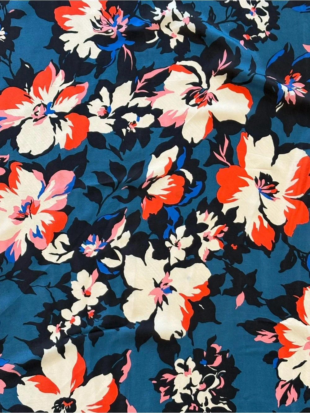 Teal Floral Silk Scarf with White & Coral Blooms